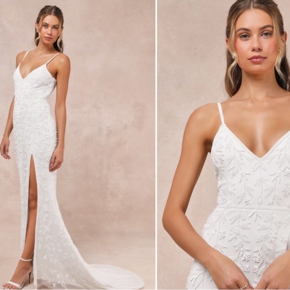 LULUS Bridal Wedding Elegant Sophisticated Floral Beaded Mermaid Gown - Picture 3 of 4